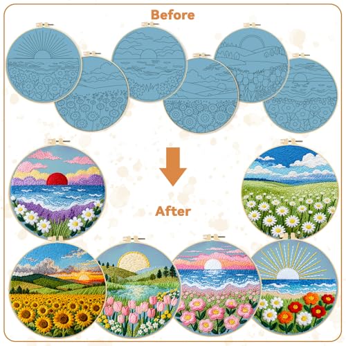 Image of BEUNITONE 6 Set Flower Sea Starter Embroidery Kit with Pre-stamped Pattern Needlepoint Craft Kits with Embroidery Hoops Complete DIY Handmade Cross Stitch Set for Home Decor and Festival Gifts 20x20cm
