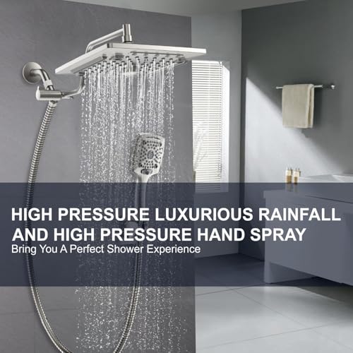 Image of ELLO&ALLO Rain Shower Head with Handheld Spray, Rainfall Shower Head Combo with 60 inch Hose, Dual Showerhead Set with Adjustable Shower Extension Arm, Brushed Nickel