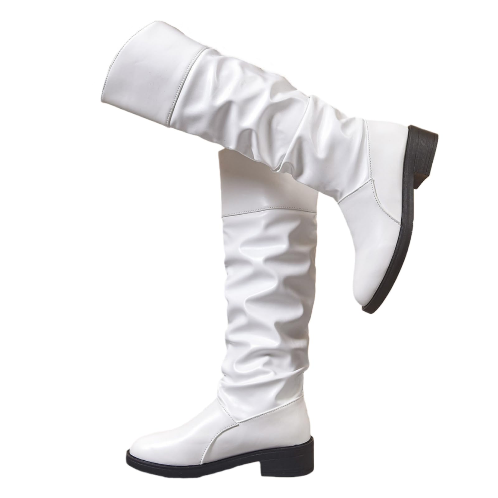 ZKXYFFS Women Wide Calf Slouchy Knee High Boots Chunky Low Heel Round Toe Western Cowboy Mid Calf Boots