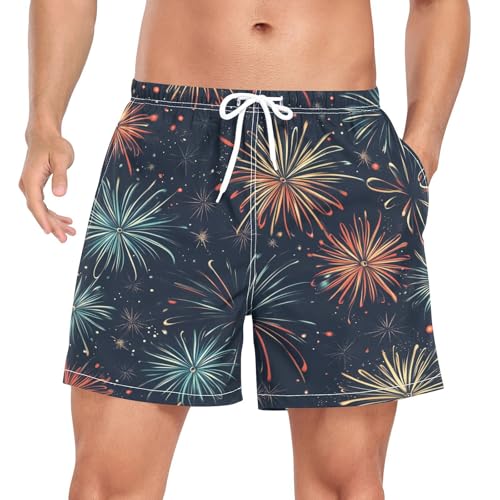 Colorful Fireworks Men's Swim Trunks with Liner Quick Dry Beach Shorts Swimwear Bathing Suit S-XXL
