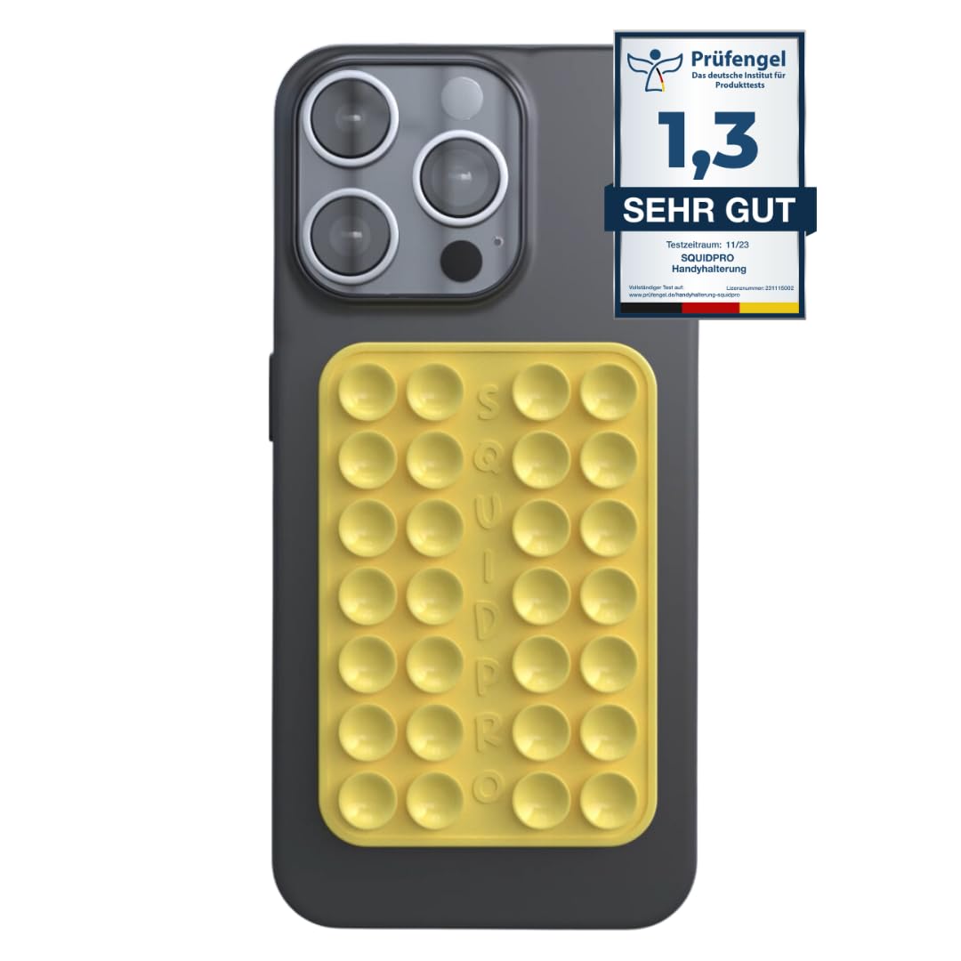 SQUIDPRO® - Silikon Saugnapf Handyhalterung, selbst-klebend, Kompatibel mit Allen gängigen iPhone- und Android Mobiltelefonen BZW. Handyhüllen, Freihändige Halterung für Selfies (Yellow)