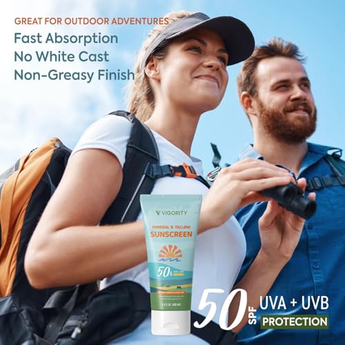 Image of Vigority Tallow Sunscreen SPF 50 for Face & Body - Natural Grass-Fed Beef Tallow, Non-Nano Zinc Oxide - Moisturizing Mineral Sunblock, Non-Greasy & Non-Toxic, Reef Safe for Adults & Kids (3.4 oz)
