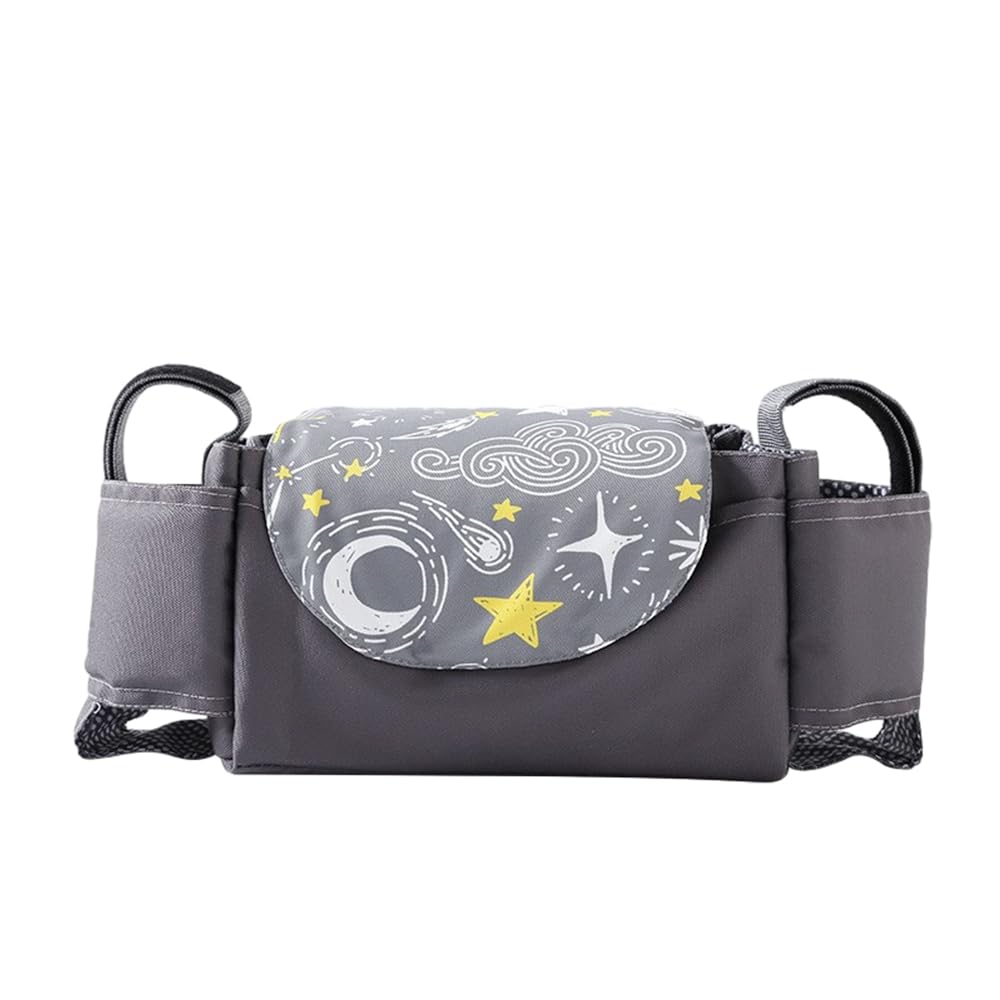 Hiseng Pram Bag Pram Accessories with Cup Holders, Zoo Print Universal Pram Organiser Multifunctional Buggy Bag, Pram Organiser Bag for Diaper Storage, Baby Bottle Toys (Starry Sky,35x15x11cm)