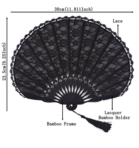 Meifan Womens Multi Color Handmade Cotton Lace Folding Hand Fan (Black-B) #TOP1