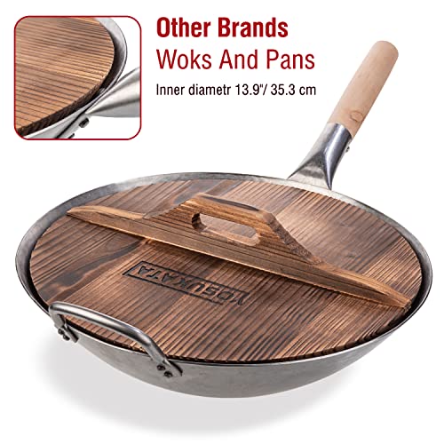 Yosukata Cast Iron Wok Cover - Premium Wok Cover 13.5 Inch Pan Lid - Wooden Wok Lid 13.5 In With Ergonomic Handle - Condensate-Free 13.5 Inch Lid - Wok Accessories For Genuine Asian Cooking #TOP4