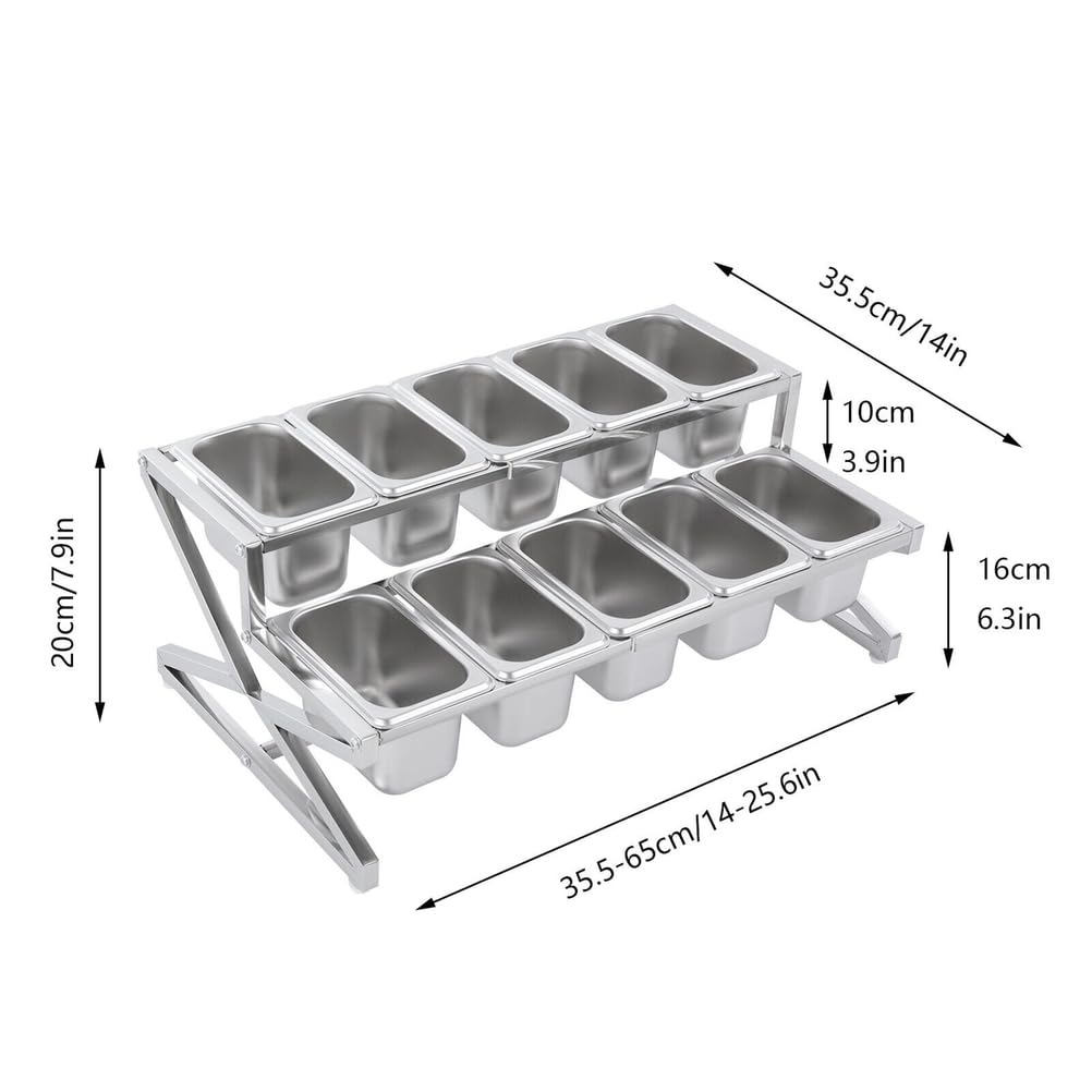 Estante de especias expandible, estante organizador de acero inoxidable de 2 niveles con 10 sartenes, tapas y cucharas para condimentos, especias y mermeladas, ajustable de 14 a 25.6 pulgadas