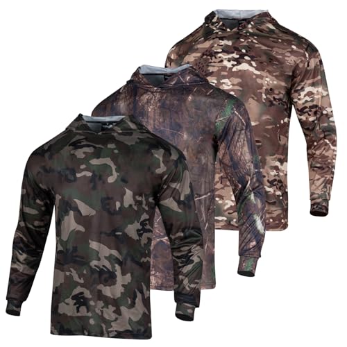 3pcs Men's Hunting Camo Shirts,Camouflage Long Sleeve Hooded Shirts for Men Lightweight Fishing Hiking Camping