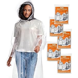 ALBRY Disposable Rain Ponchos for Adults with Drawstring Hood – Emergency Rain Ponchos Family Pack for Women and Men,Clear