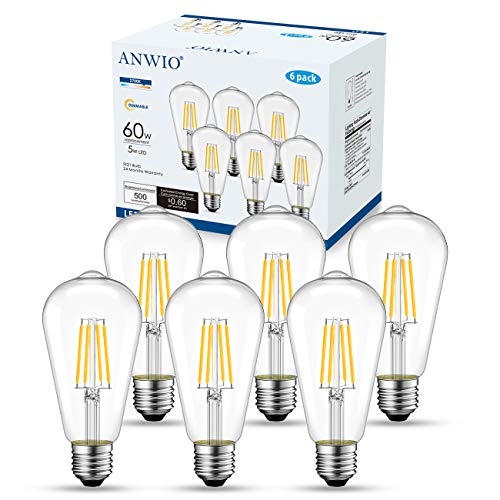 ANWIO Clear ST21 LED Edison Light Bulb LED Filament Vintage Indoor Chandelier Light Bulbs 5W (60 Watt Equivalent) 500Lumens CRI80+ Dimmable 2700K Warm White E26 Medium Base Lightbulbs 6 Pack by ANWIO - Used condition - US$17.99