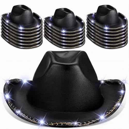 Tisancy 20 Pack Lights Cowboy Cowgirl Hat LED Flashing Light Up Hat for Western Bachelorette Party Wedding Bridal (Black Retro)
