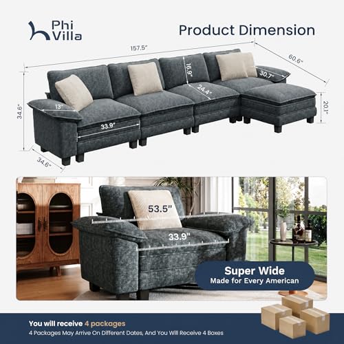 Image of PHI VILLA Cloud Modular Couch Sets, 157.5 inch Oversized Sectional Sofa with L-Shaped Chaise, 5-Seater Upholstered Couches with Movable Ottoman for Living Room, Chenille Dark Cyan