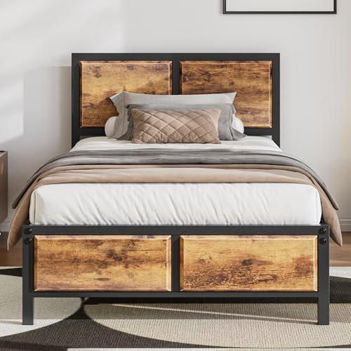 VECELO Twin Size Bed Frame with Headboard, Heavy-Duty Metal Platform Bedframe & Wood-Grain Finish Board, No Box Spring Needed, Easy Assembly, Vintage Brown