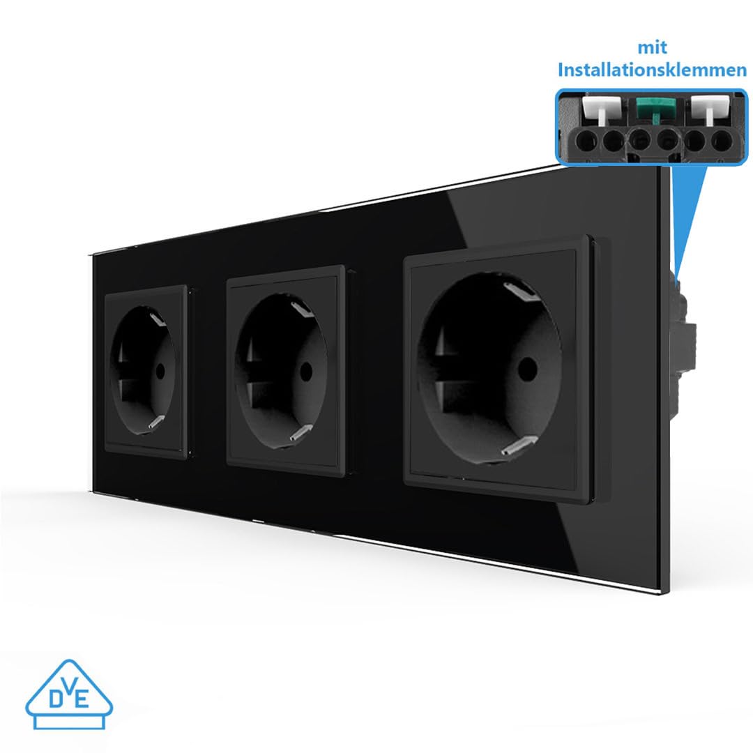 Luxus-Time VDE Mehrfachsteckdose Modul Steckdose Stecker Wandsteckdose inkl. Glasrahmen in schwarz 77211