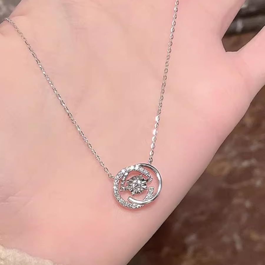 18K White Gold Plated Double Circle Pendant Necklace with Round Cubic Zirconia – Elegant Statement Jewelry for Women - Image 3