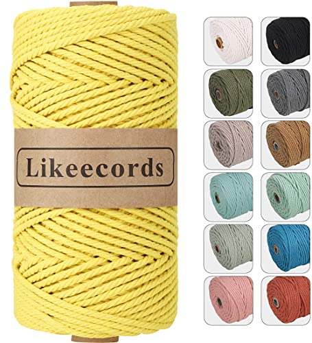 Likeecords Macrame String 4mm x 100m Colored Macrame Rope Cotton Rope Macrame Yarn Colorful Cotton Craft Cord for Hanging Plant Hanger Crafts Knitting (Yellow)