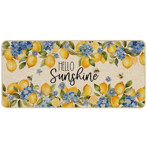 Baccessor Summer Lemon Doormat Rug 17x36 inch Sunshine Hydrangea Blue Yellow Floral Front Door Mat Indoor Outdoor Non Slip Rubber Backing Seasonal Entryway Kitchen Floor Decoration