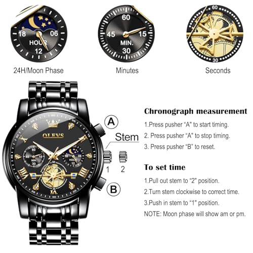 Image of OLEVS Men Watches Stainless Steel Chronograph Watch, Large Wrist Analog Quartz Watch, Fashion Waterproof Diamond Roman Numerals Dress Watches for Men, Gold /Black /White /Blue /Grey Dial