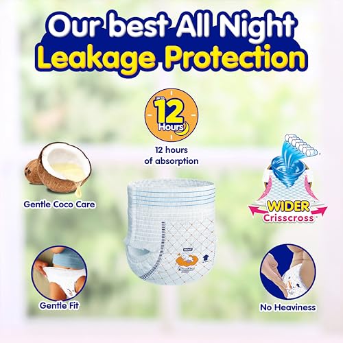 Image of Mamypoko pants All night absorb| Pant Style Baby Diapers Large Size(L), 124 Count, Ideal for 9-14Kgs|1 Diaper= Upto All night Absorption|Wider Crisscross Sheet|Gentle Coco Care| 12hr Leakage Protection| Prevents Heaviness.