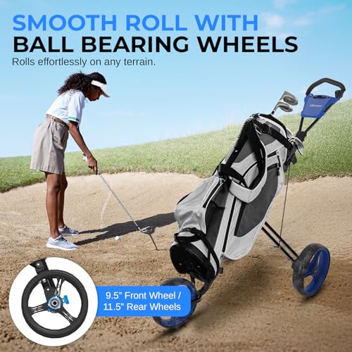 SereneLife Golf Push Pull Cart – Lightweight, Foldable, Bag Holder with Adjustable Handle, Caddy Accessories, Compact Folding Golf Trolley for Travel - Thumbnail 2