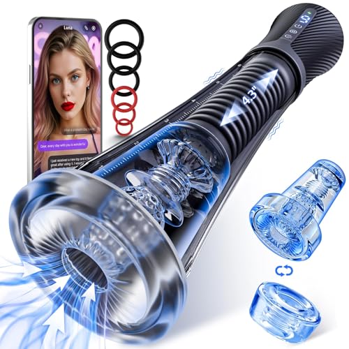 Male Masturbator Penis Pump - Transparent Visual Male Sex Toys for Men, APP Control Vibrating Spring & Power Suction with 2 Replaceable Sleeves & 6 Penis Rings for Masturbation Glans Trainer