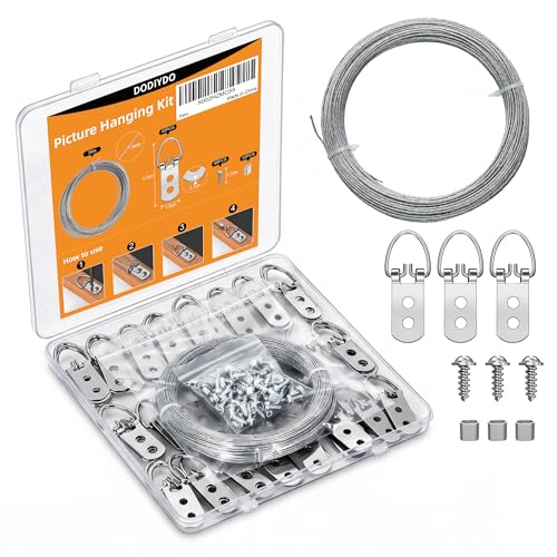 40 Sets Picture Hooks with 30 Metres Wire and Screws 2-Hole D-Ring Heavy Duty Frame Hangers Picture Hanging Kit for Mirrors Clocks Paintings Artwork and Photo Frames(silver-171PCS)