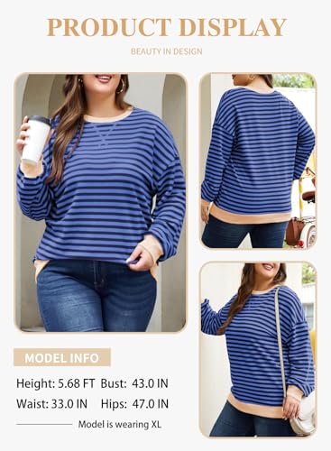 Image of Eytino Women Plus Size Striped Color Block Crewneck Sweatshirt(1X-5X)