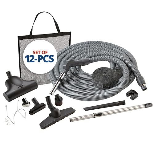 Central Vac System Carpet and Bare Floor Air Turbine Pet Care Attachment Set for Cleaning Home, Includes 30FT Crushproof Hose, Air turbine and Soft-Bristle Brush, Crevice Tool, Wand & Mesh Storage Bag