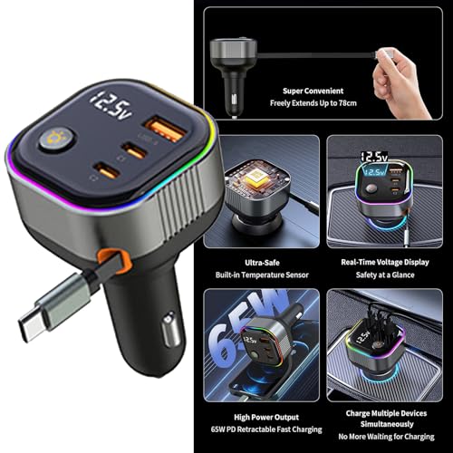 Chargeur voiture rapide PD65W câble rétractable 78 cm et indicateur LED - 2
