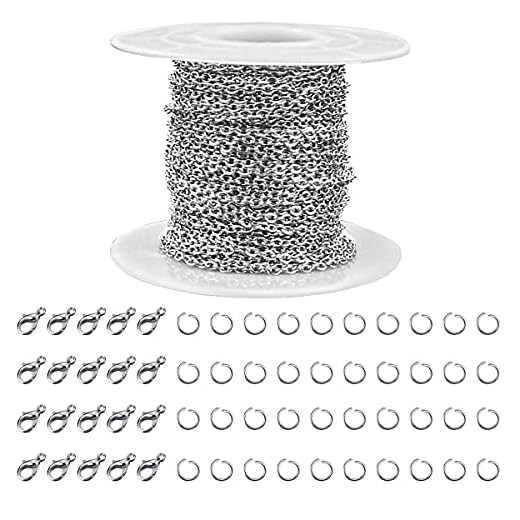 Correntes para joias de aço inoxidável de 33 pés para fazer joias Rolo de corrente de prata com 40 peças de anéis de salto abertos e 20 peças fechos de lagosta colar de prata com elos de cabos, acessórios DIY (2,0 mm)