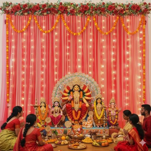 Image of Shimmers Red Net Curtain Decoration Set 4x8 Ft with Ribbon and Hooks, Backdrop Kit for Birthday, Wedding, Ganpati Decoration Photo Booth,Pack of 6 Pieces