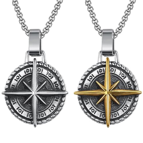 Liitata 2 piezas de collar con colgante de brújula, estrella del norte, brújula de cadena, estilo rock punk hip hop para hombres y mujeres - Oro plateado