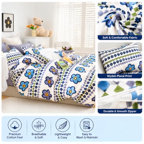 Image of COVE & HUES Cotton Diwan Set Covers |8 Pieces Diwan Cover Set|300 TC Fabric| Pure Cotton Printed Deewan Set (1 Single Bedsheet, 2 Bolster Covers, 5 Cushion Covers)|KC 00 (White Blue Daisy)