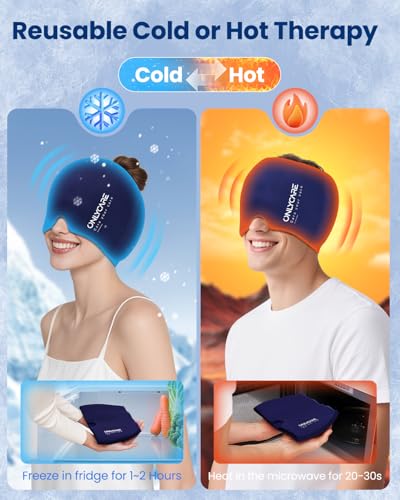 Image of ONLYCARE Migraine Relief Cap, Upgraded Odorless Headache Relief Cap Mask Products, 360 Gel Surround Cooling Ice Pack Mask Head Wrap for Tension, Migraine, Sinus, Stress, Headaches, Hangover, Blue