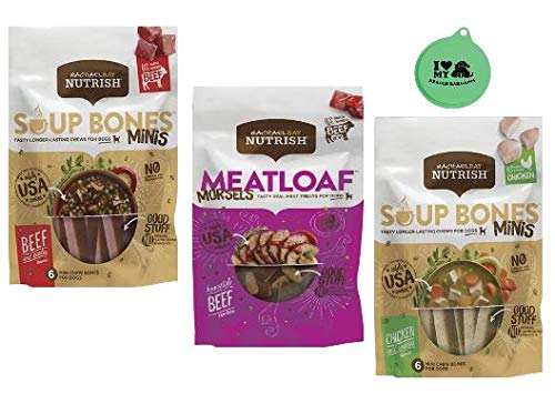 Rachael Ray Nutrish Dog Treats Variety Pack - Soup Bones Minis (1) Chicken & Veggies (1) Beef & Barley, 4.2 Oz Each (1) Meat Loaf Morsels Treats, 3 Oz - Plus Can Cover (4 Items Total)