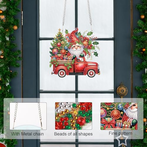 Image of 5D DIY Christmas Diamond Art Pendant Kit, Gnome, Christmas Tree & Car Design, Diamond Painting Hanging Ornament for Adults, Crystal Window & Door Decor, Holiday Gift Wall Home Decoration (24.1x23.4cm)