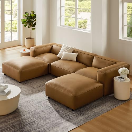 Modway Auren Vegan Leather 5 Piece Modular U-Shaped Sofa in Camel - Faux Leather Sectional - Comfy PU Leather Sofa - Oversized Mid Century Modern Couch for Living Room or Apartment
