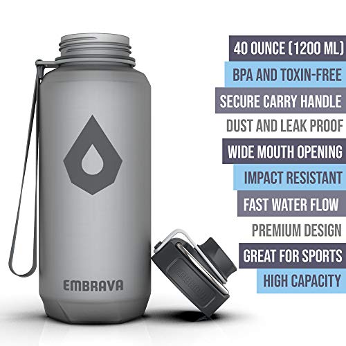 Image of Embrava Sports Water Bottle (40oz, Gray) Carry Ring - Fast Flow Wide Mouth