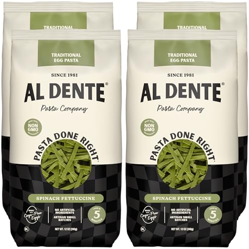 Al Dente Spinach Fettuccine – All-Natural, Hand-Crafted Egg Pasta. Traditional Pasta Noodles Made with Cage-Free Eggs, Semolina, and Spinach. (Packaging May Vary) - 12oz Bags (Pack of 4)