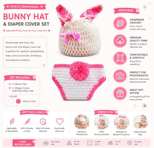 Image of BabyMoon ( SET OF 2 Rabbit Crochet New Born Baby Photography Shoot Props Costume (0-6 Months, Snow White)(Silk)