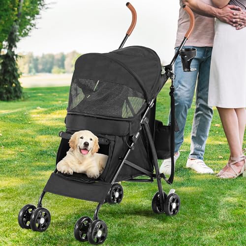 YITAHOME Cochecito de 4 ruedas con correas para el hombro, cochecito para mascotas para perros pequeños a medianos, carro de viaje plegable para mascotas con portavasos y bolsa de almacenamiento