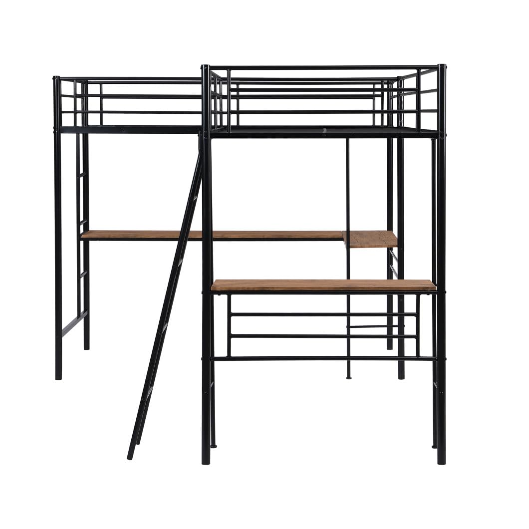 INCLAKE Twin Size L-Shaped Loft Bed with 2 Built-in Desks, Metal Loft Corner Bed with 2 Ladders and Safety Guard Rail, Heavy-Duty Bunk Bed for 2 Children Adults, Space Saving & No Noise, Black