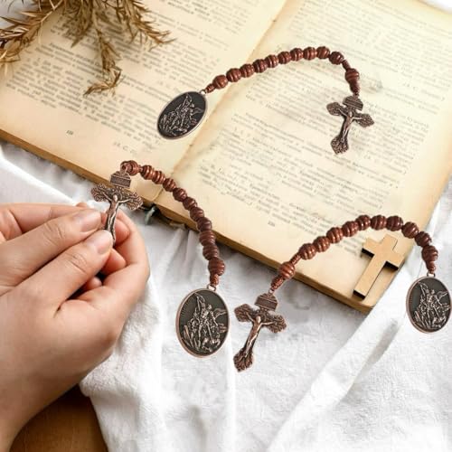 Image of Bovemee Saint Benedict Medal Prayer Pocket Rosary Catholic Brown Wood Beads with Medalla de san benitol and Crucifix, 9 Inch