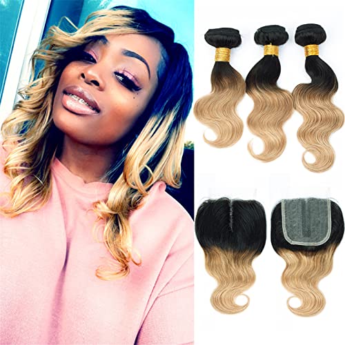 Kapelli Hair 10A Ombre Human Hair Bundles With T Part Closure Ombre Brazilian Hair Body Wave with Lace Closure (T1B 27,12 14 16+10) Ombre Brazilian Human Hair Virgin Remy Hair Bundles 2 Tone Black to Blonde