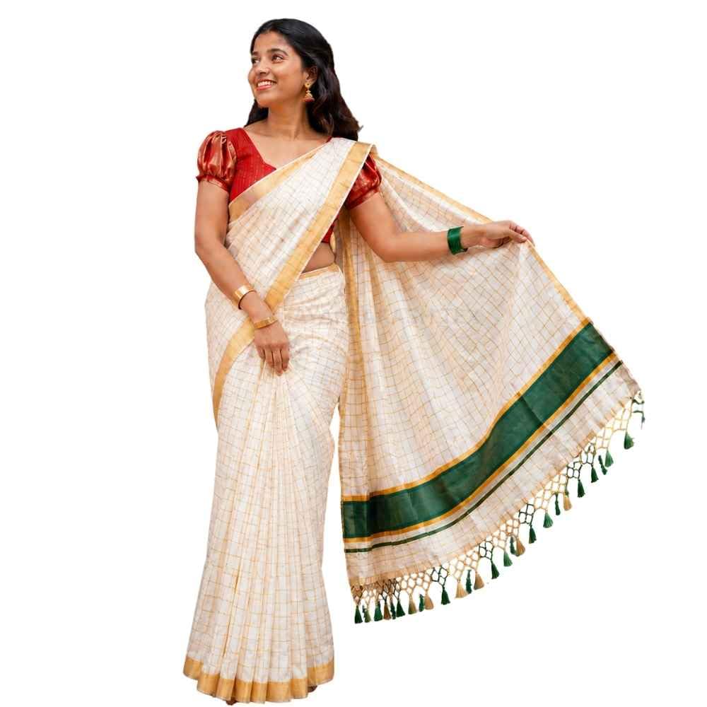 Kerala Kasavu Cotton Saree for Women | Small Checks Cotton Saree | Fancy Colour Border Kerala Saree | Onam Saree | Traditional South Indian Saree | Blouse Piece Included-image-46