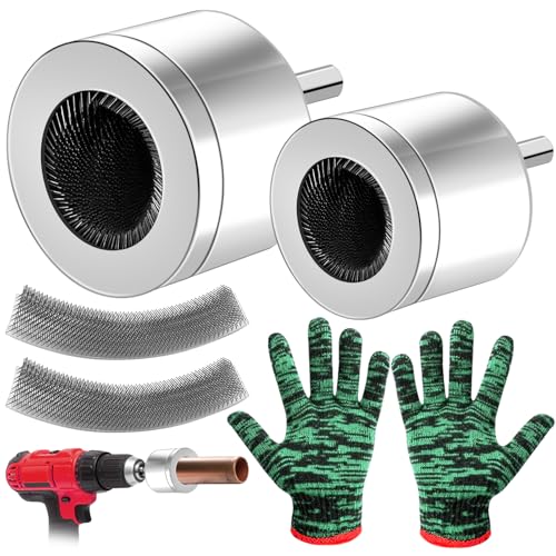 2PCS Copper Pipe Cleaner for Drill 15mm &22mm Pipe Cleaners Plumbing 4PCS Repacement Brushes & Gloves Copper Pipe Deburring Tool 15mm 22mm Copper Pipe Tube Wire Brush for Drill Cleaning Rust Removal