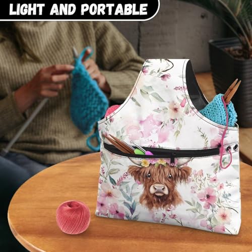 Image of ZUXONGSY Highland Cow Crochet Yarn Bag for Women Pink Floral Knitting Tote Bag for on The Go Travel Portable Knitting Project HanbBag for Crochet Hooks