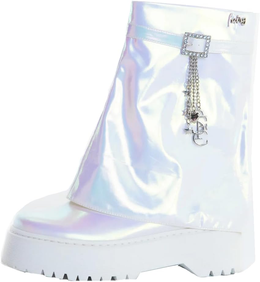 Sparkl Fairy Couture Women's Chunky Heel Thick Sole No Lace Zip-Up Stella Combat Boots Glitter White