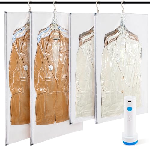 DUORAN Hanging Vacuum Storage Bags with Electric Pump – 4-Pack Space-Saving Weatherproof Compression Bags for Suits, Overcoats, Jackets, Travel Wear, Winter Coats, Down Jackets & Outerwear