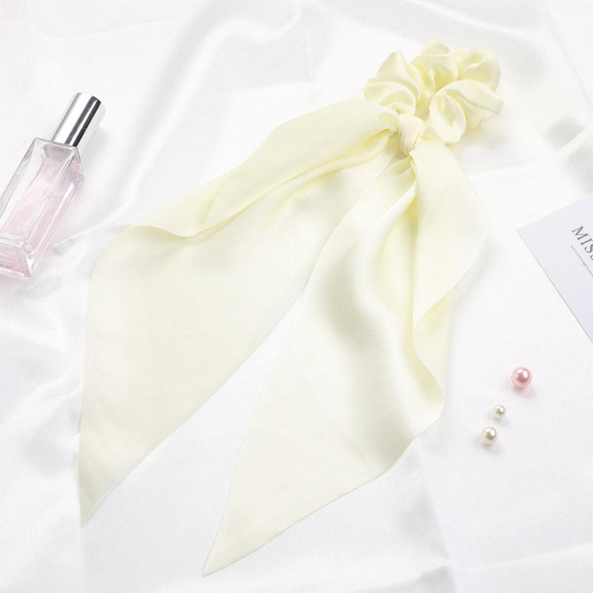 Wstążka do włosów Scrunchie Szalik Szyfonowa kokarda Elastyczne gumki do włosów Długi kucyk Krawaty Modne nakrycia głowy Akcesoria do włosów dla kobiet-Kwiat różowy (beżowy żółty)