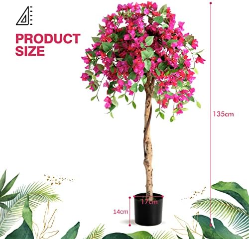 COSTWAY 135cm Artificial Azalea Tree, Realistic Ficus Flower Plant with 624 Leaves, 312 Flowers and Cement Pot, Decorative Faux Floral Potted Plant for Office, Home, Porch